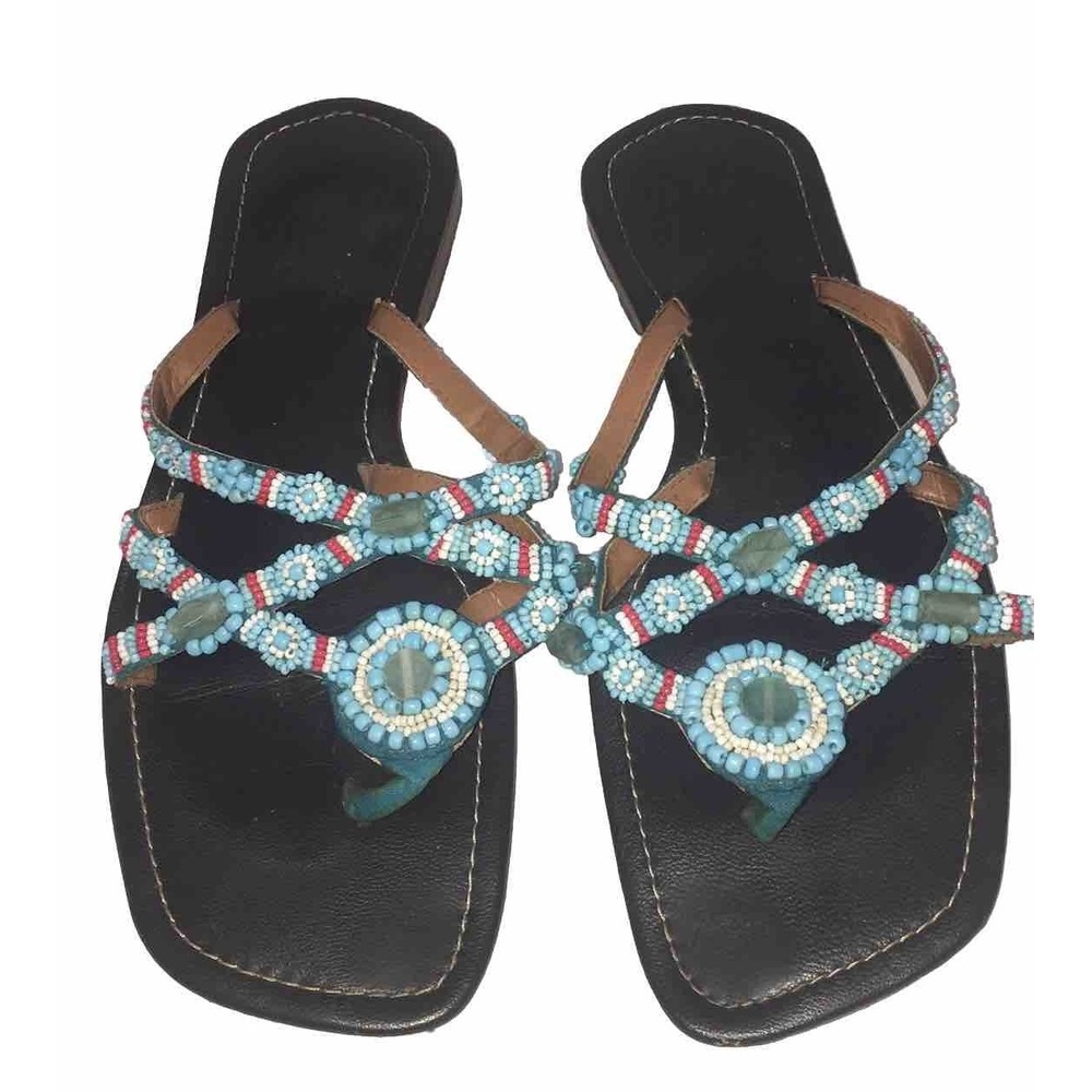 TURQUOISE WHITE BEADED JEWELED BROWN LEATHER THONG FLAT SANDALS Size 8